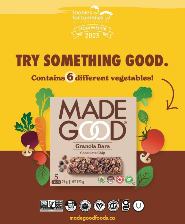 MadeGood is a proud sponsor of Toonies for Tummies (@GroceryFndtn) running now through March in participating grocery stores in Western Canada, Ontario and Atlantic Canada. Together, we're feeding hungry children in our communities. 100% of donations benefit local student nutrition programs. #MadeGoodSnacks